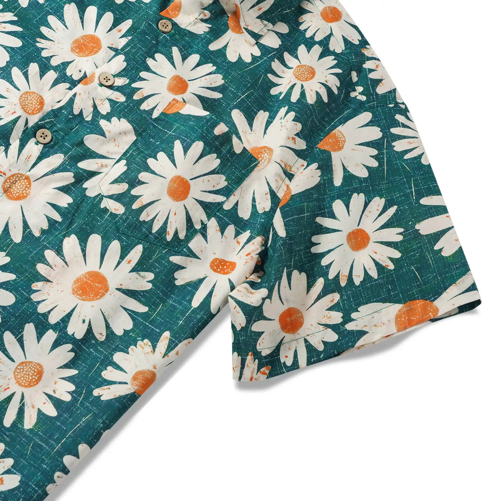LeosWare® Men's Hawaiian Shirt Short Sleeve Button-up 100% Cotton Green Aloha Daisy Bottom By Ann
