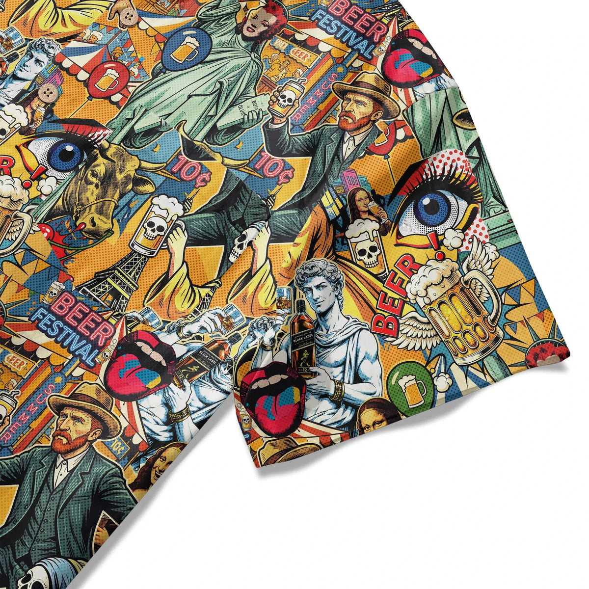 LeosWare® Men's Hawaiian Shirt Short Sleeve Button-up 100% Cotton Green Aloha Art & Beer Pop Collage By Huan huan