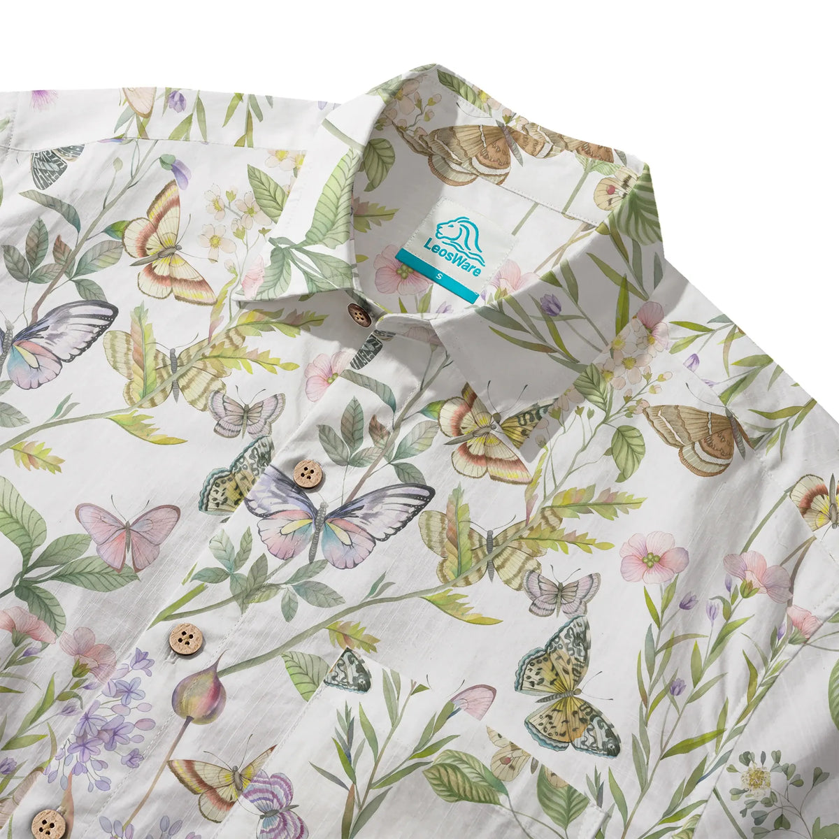 LeosWare® Men's Hawaiian Shirt Short Sleeve Button-up 100% Cotton Green Aloha Butterfly And Floral Fantasy By Huan huan