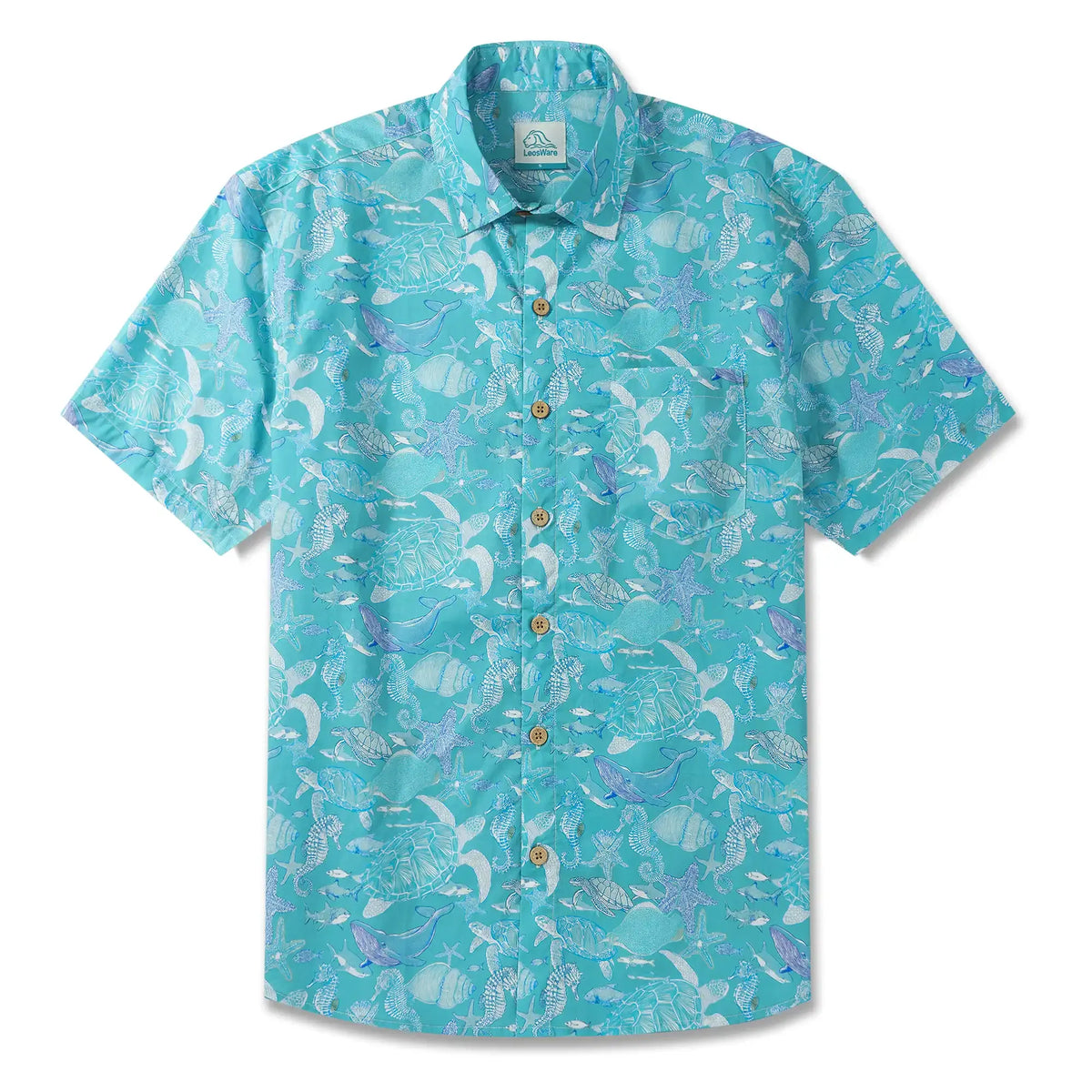 LeosWare® Men's Hawaiian Shirt Short Sleeve Button-up 100% Cotton Blue Aloha Azure Islet Sea Turtle By Ann