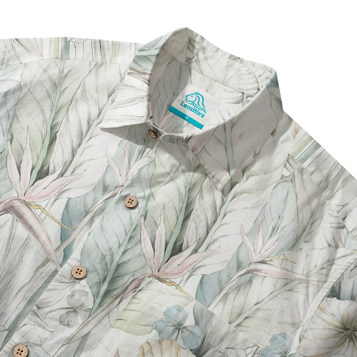 LeosWare® Men's Hawaiian Shirt Short Sleeve Button-up 100% Cotton Green Aloha Dreams Of Tranquil Plants By Huan huan