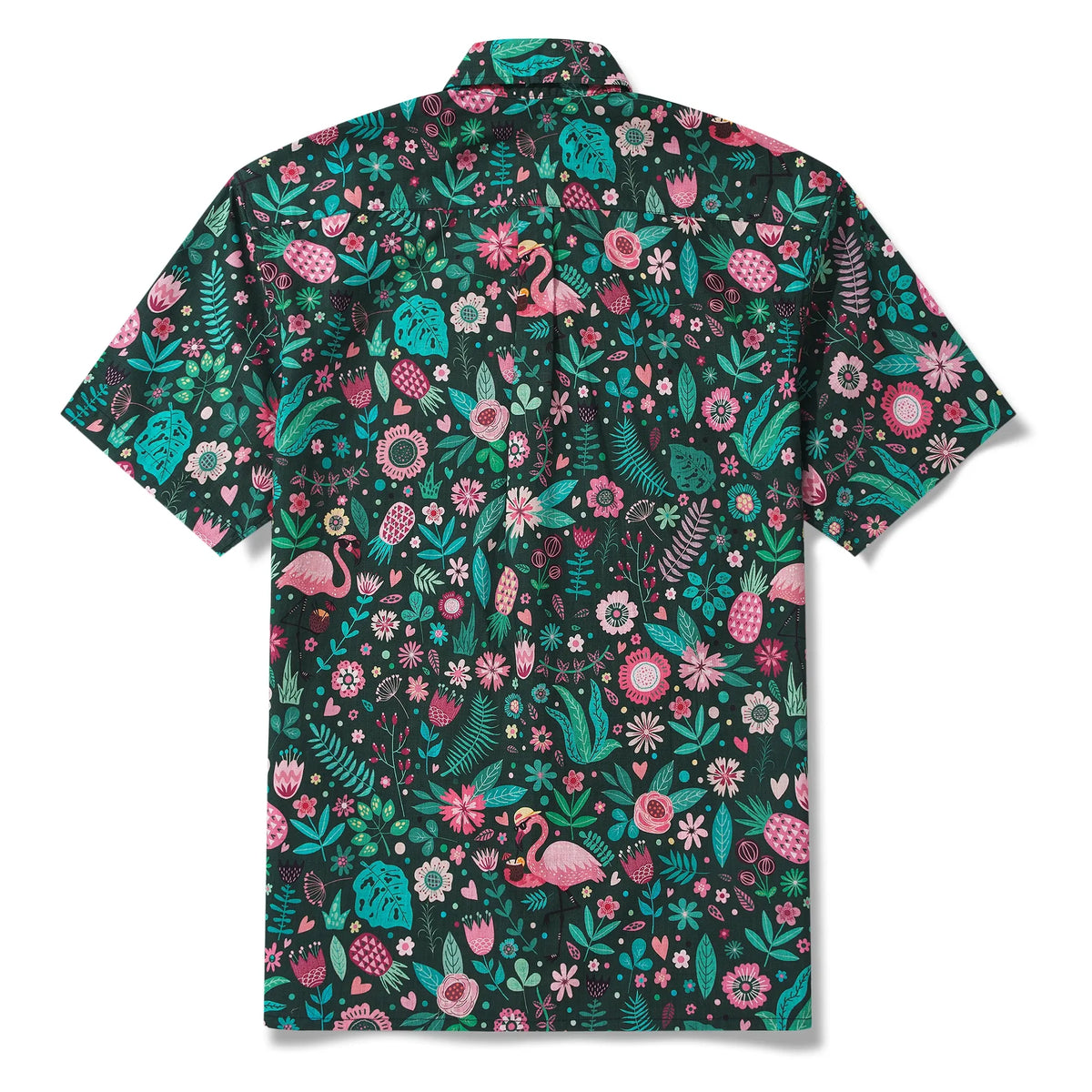 Men's Hawaiian Shirt Short Sleeve Button-down 100% Cotton Green Aloha Blush in the Jungle Flamingo By Cigar