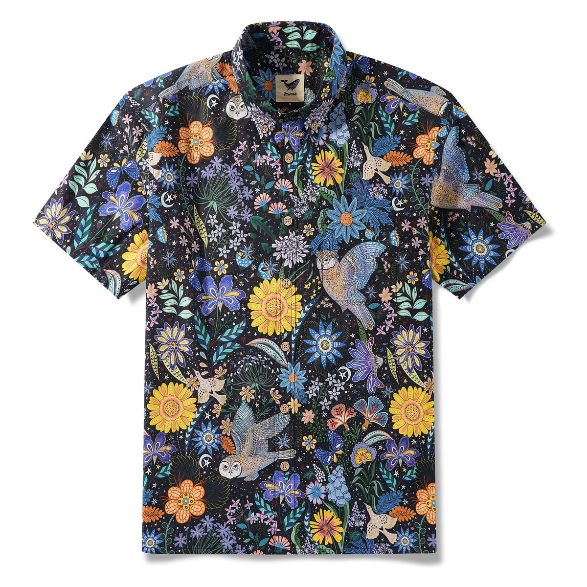 Men's Hawaiian Shirt Short Sleeve Button-down 100% Cotton Beige Aloha Owl's Secret Garden By Huan huan