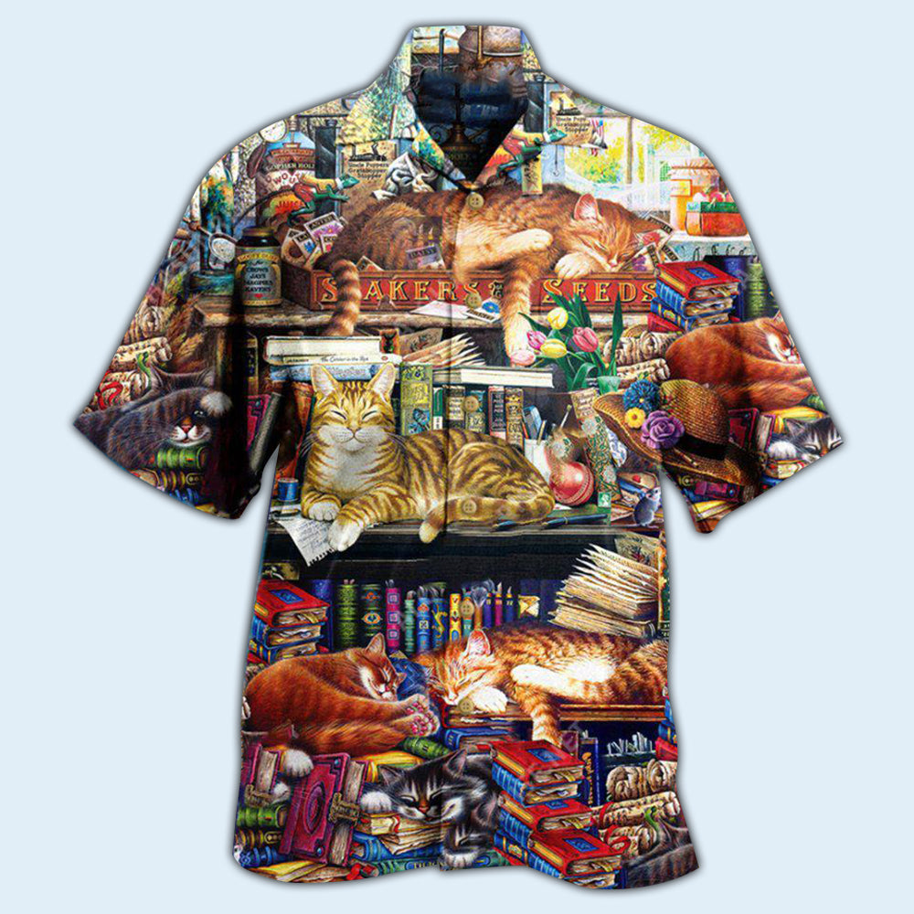 Cat Sleeping With Books Happiness Is A Good Book - Hawaiian Shirt