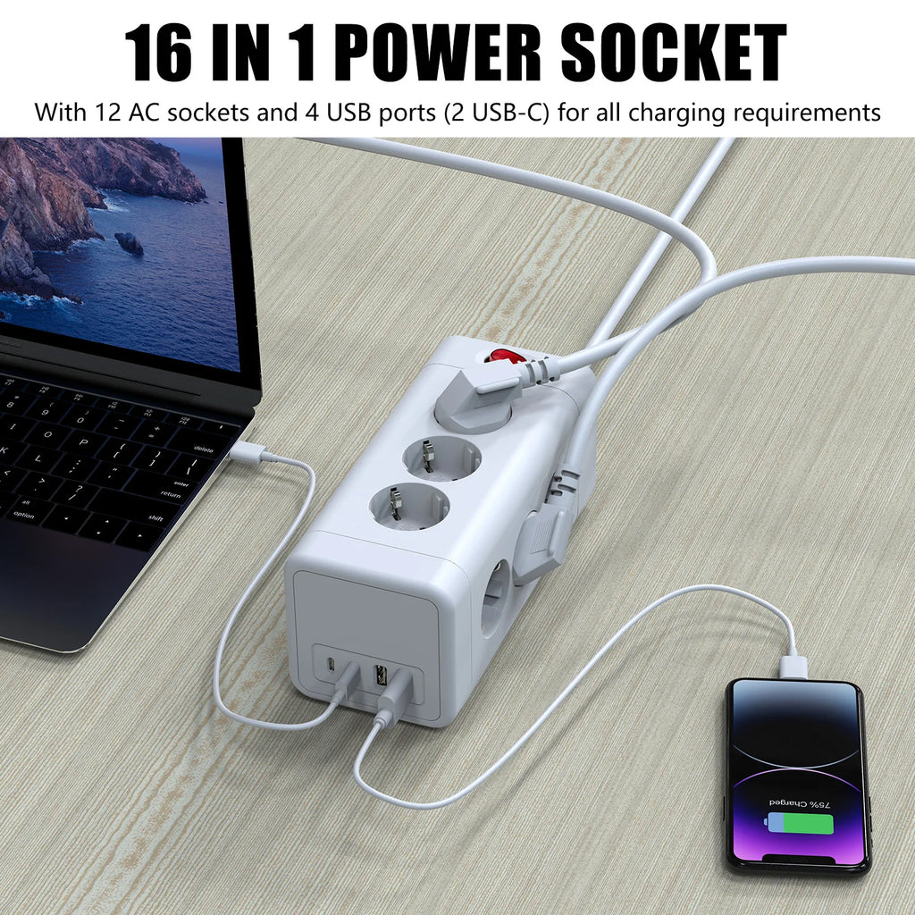 EU Tower 8/12 Way Outlets Multi-function Socket with 2 USB-A and 2 Type C Multi Power Strip Vertical Overload Protection