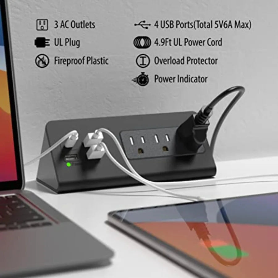Nightstand Edge Mount Power Strip with USB-C Ports Tabletop Surge Protector Desk Clamp Power Sockets with 3 AC Outlets and4 Fas