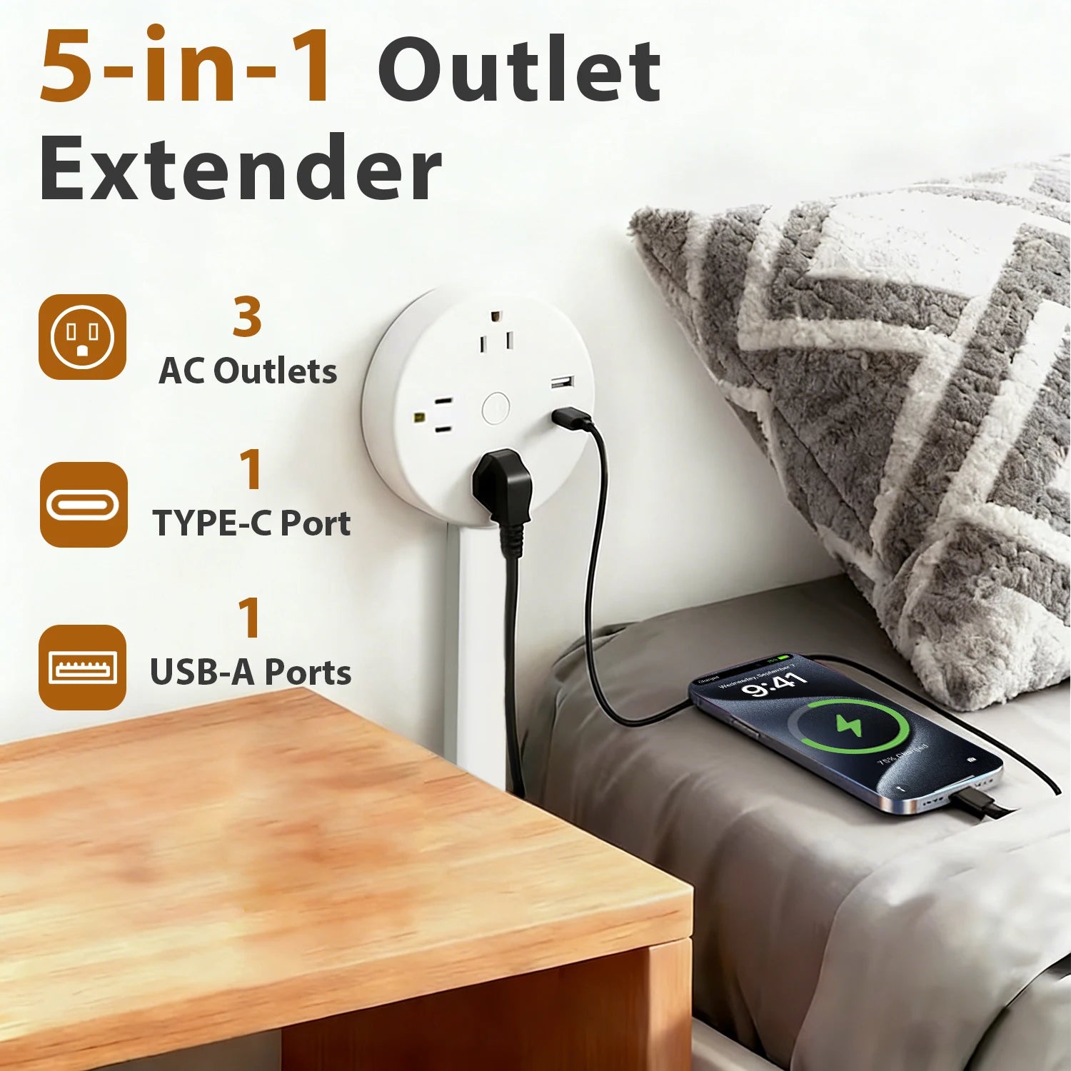3 Retractable Sockets in Various Shapes US Plug Power Strip with AC Outlets USB Port(Type C),Multi Socket Wall Socket Universal