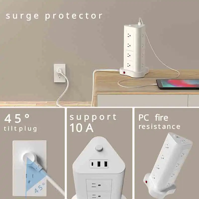 5ft tower-shaped flat 45° plug with USB/USB-C ports, 12 AC sockets power strip, surge protection power strip with 2 USB and 1 US