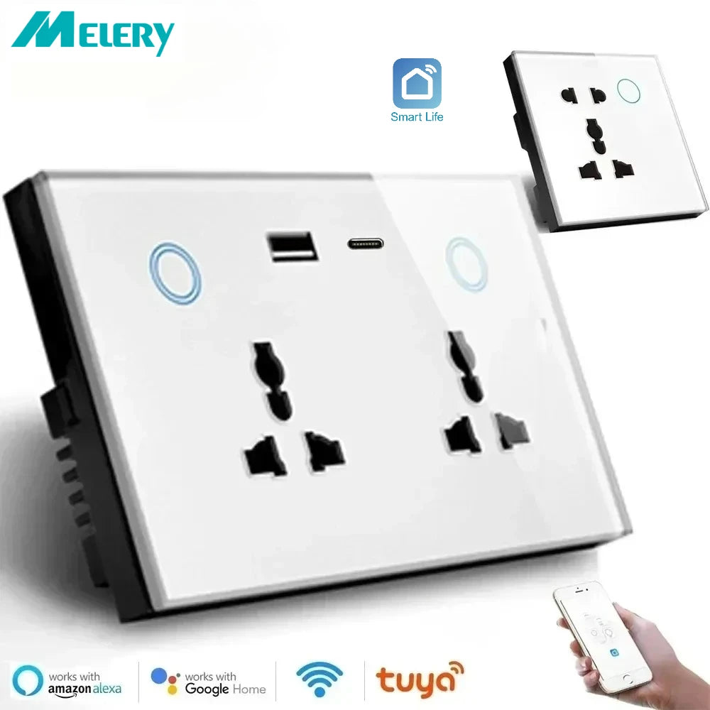 Melery Tuya Wifi Smart USB Type-C PD 20W Wall Socket Universal Electrical Plug Outlet Power Switch Wireless,Alexa Google Home