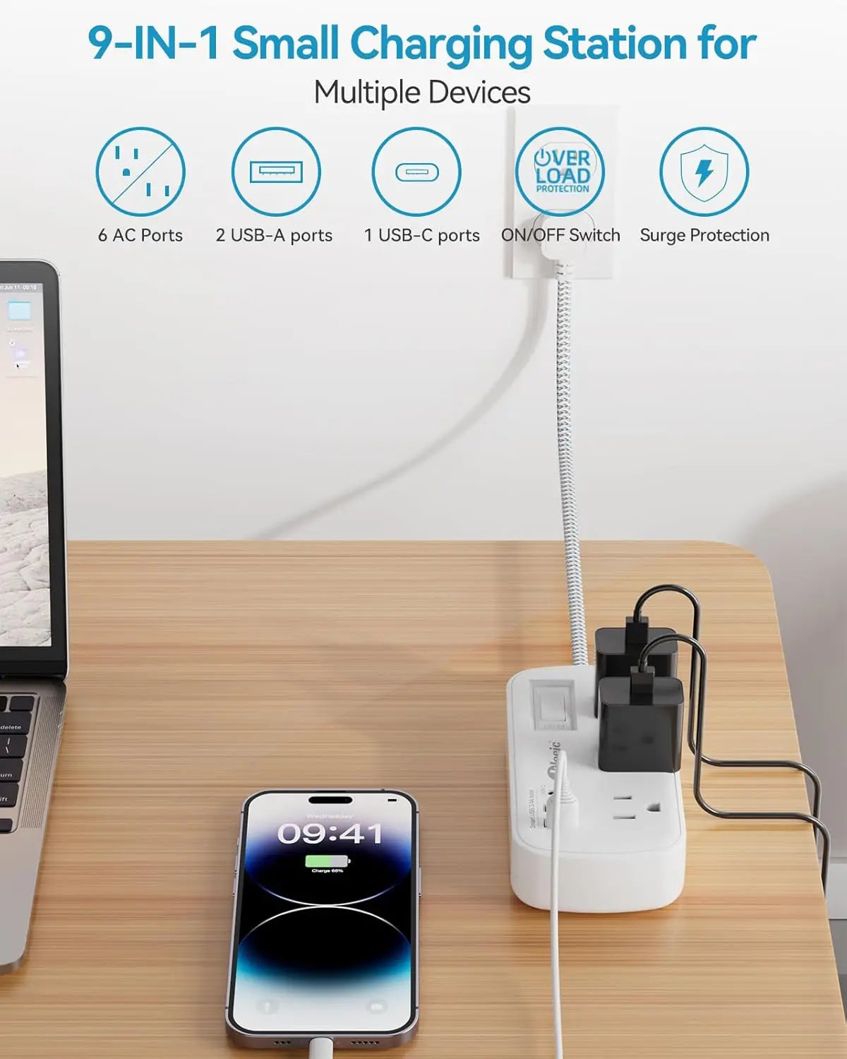 2ft Short Extension Cord with Flat Plug, 6 Outlets & 3 USB (17W), Surge Protector for Home Office