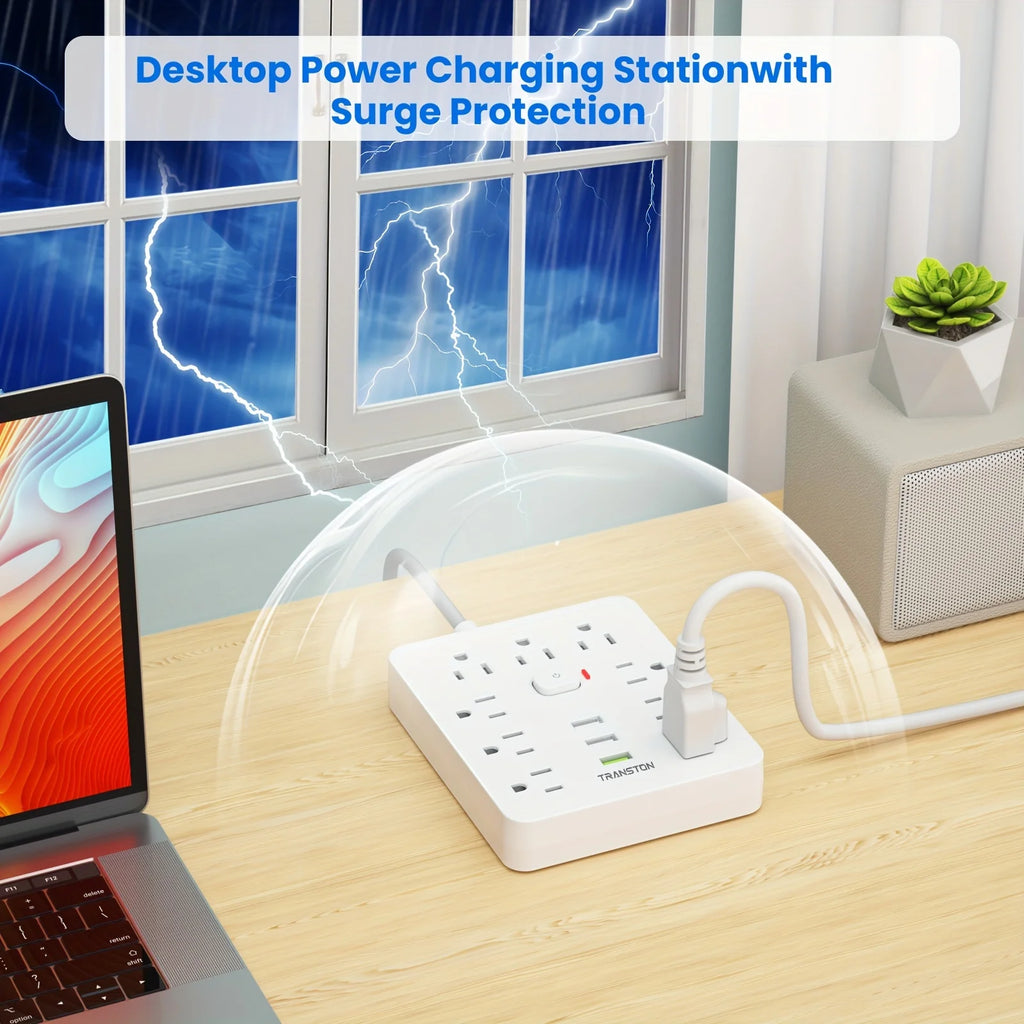 TRANSTON Power Outlet with Surge Protector, 9 power strip   3 USB Ports, 10ft Extension Cord, Quick Charge, For Home and Offic