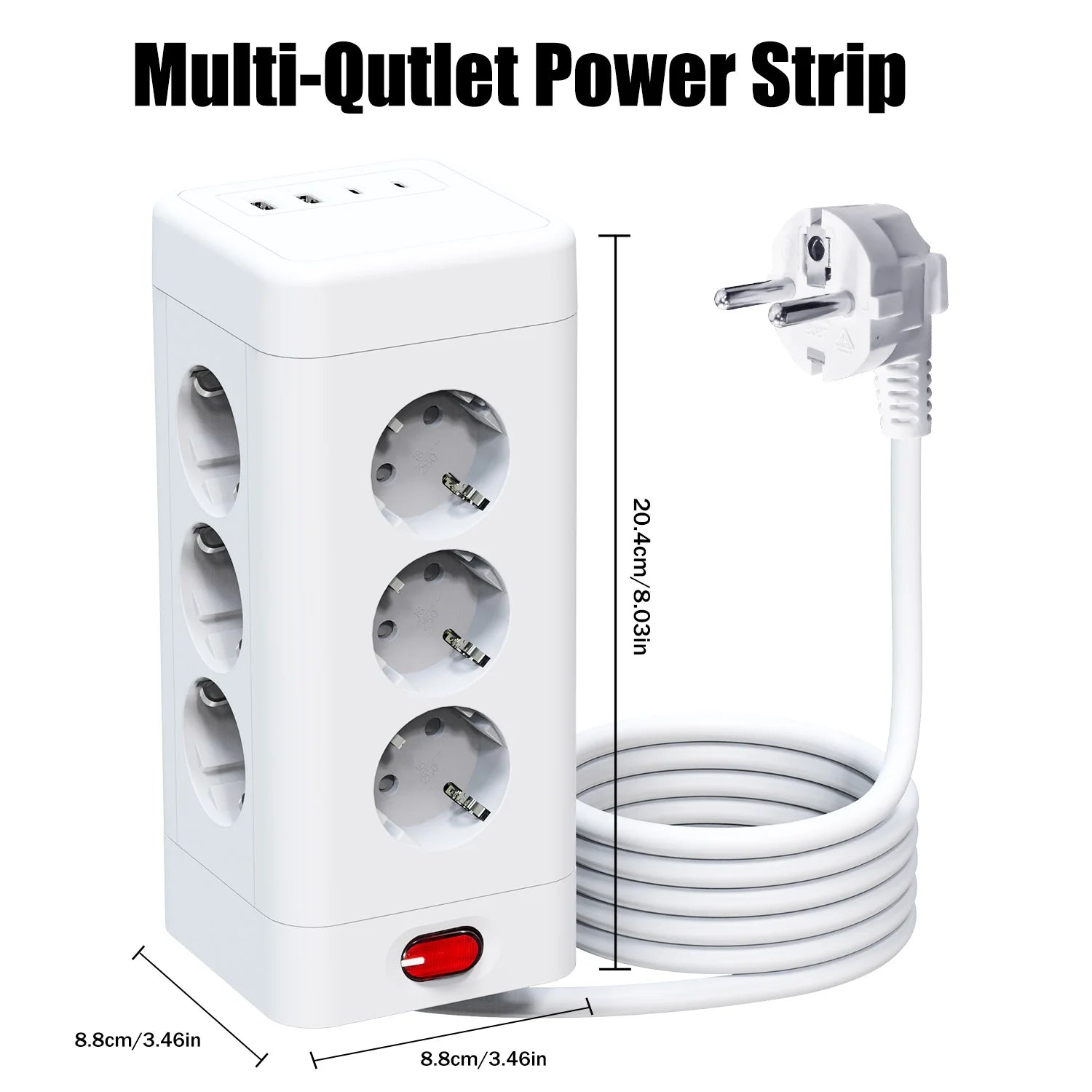 EU Tower 8/12 Way Outlets Multi-function Socket with 2 USB-A and 2 Type C Multi Power Strip Vertical Overload Protection