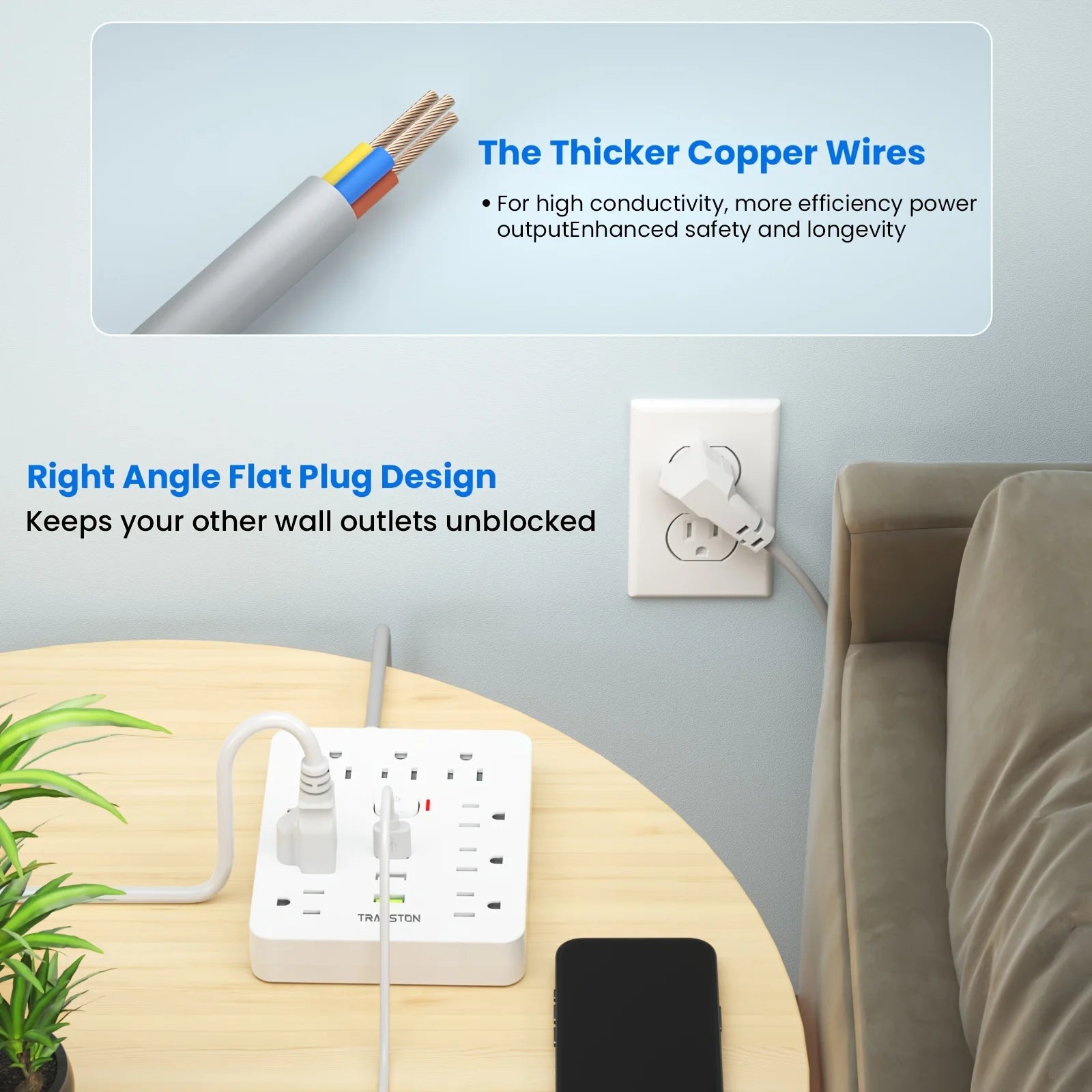 TRANSTON Power Outlet with Surge Protector, 9 power strip   3 USB Ports, 10ft Extension Cord, Quick Charge, For Home and Offic