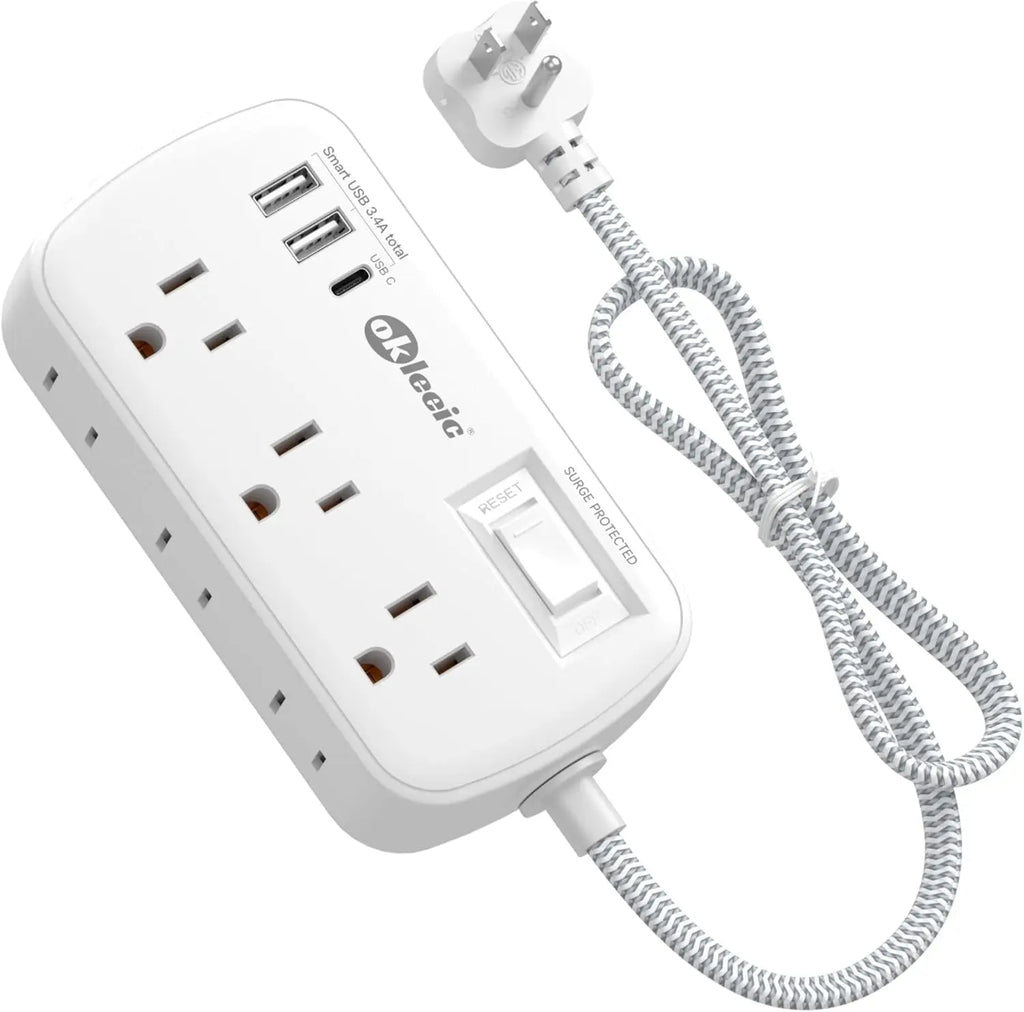 2ft Short Extension Cord with Flat Plug, 6 Outlets & 3 USB (17W), Surge Protector for Home Office