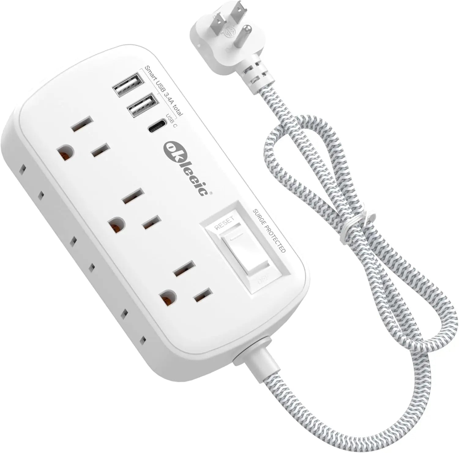 2ft Short Extension Cord with Flat Plug, 6 Outlets & 3 USB (17W), Surge Protector for Home Office