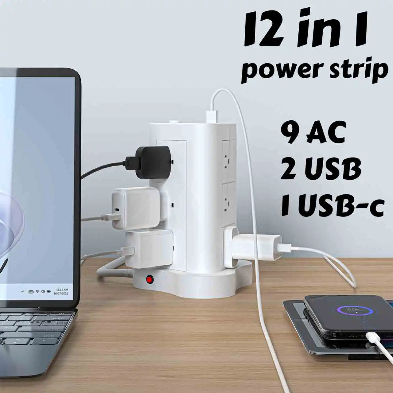 5ft tower-shaped flat 45° plug with USB/USB-C ports, 12 AC sockets power strip, surge protection power strip with 2 USB and 1 US