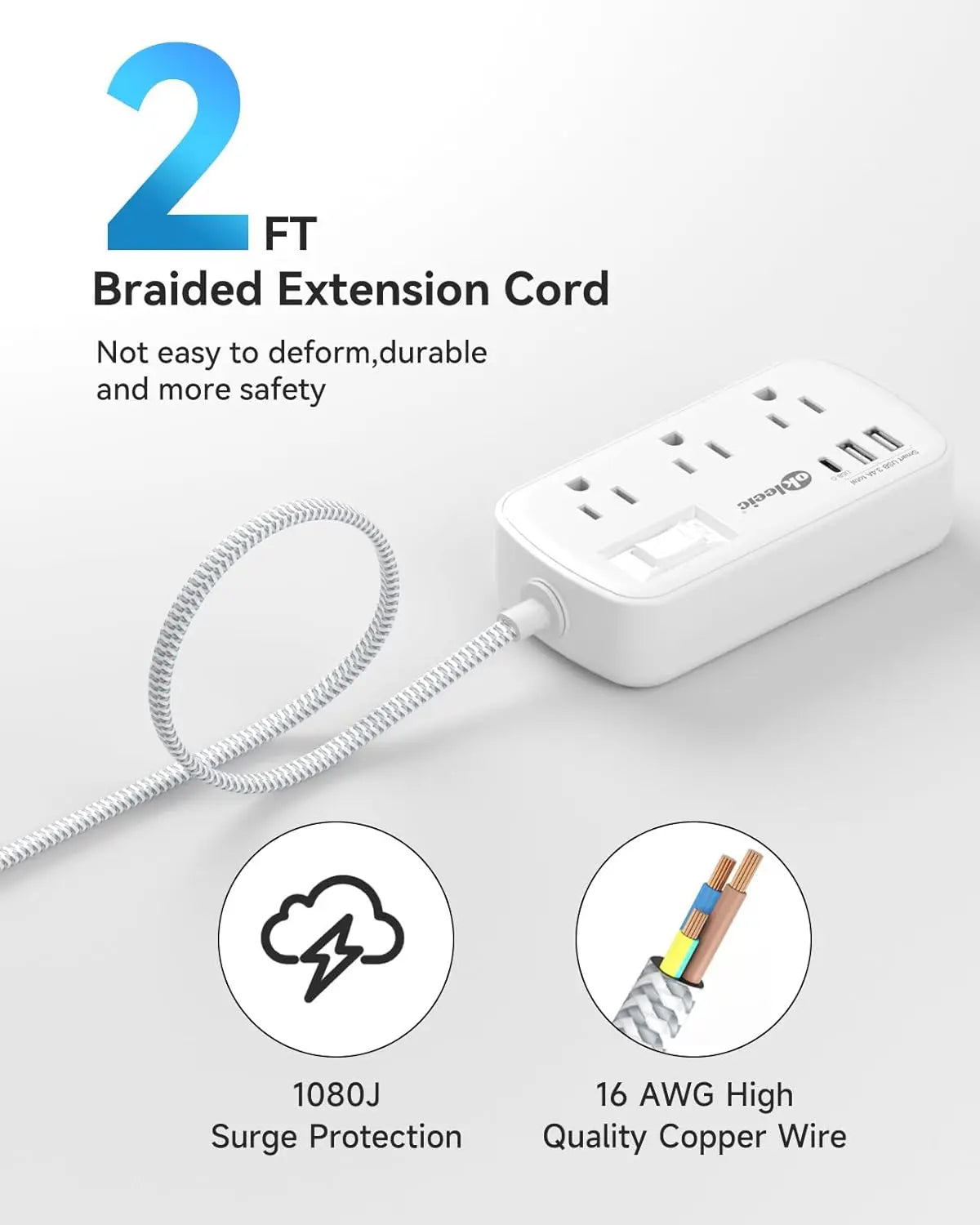 2ft Short Extension Cord with Flat Plug, 6 Outlets & 3 USB (17W), Surge Protector for Home Office