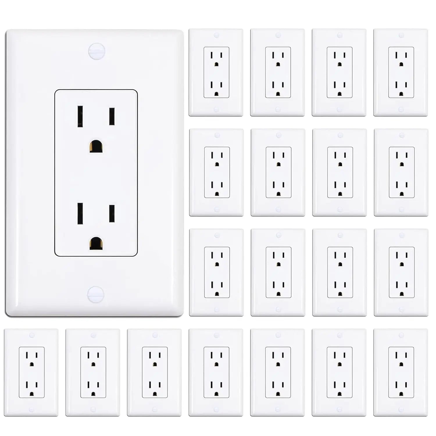 20-Pack White Electrical Outlet with Wall Plate, Self-Grounding, UL Listed, 15 Amp Non-Tamper-Resistant