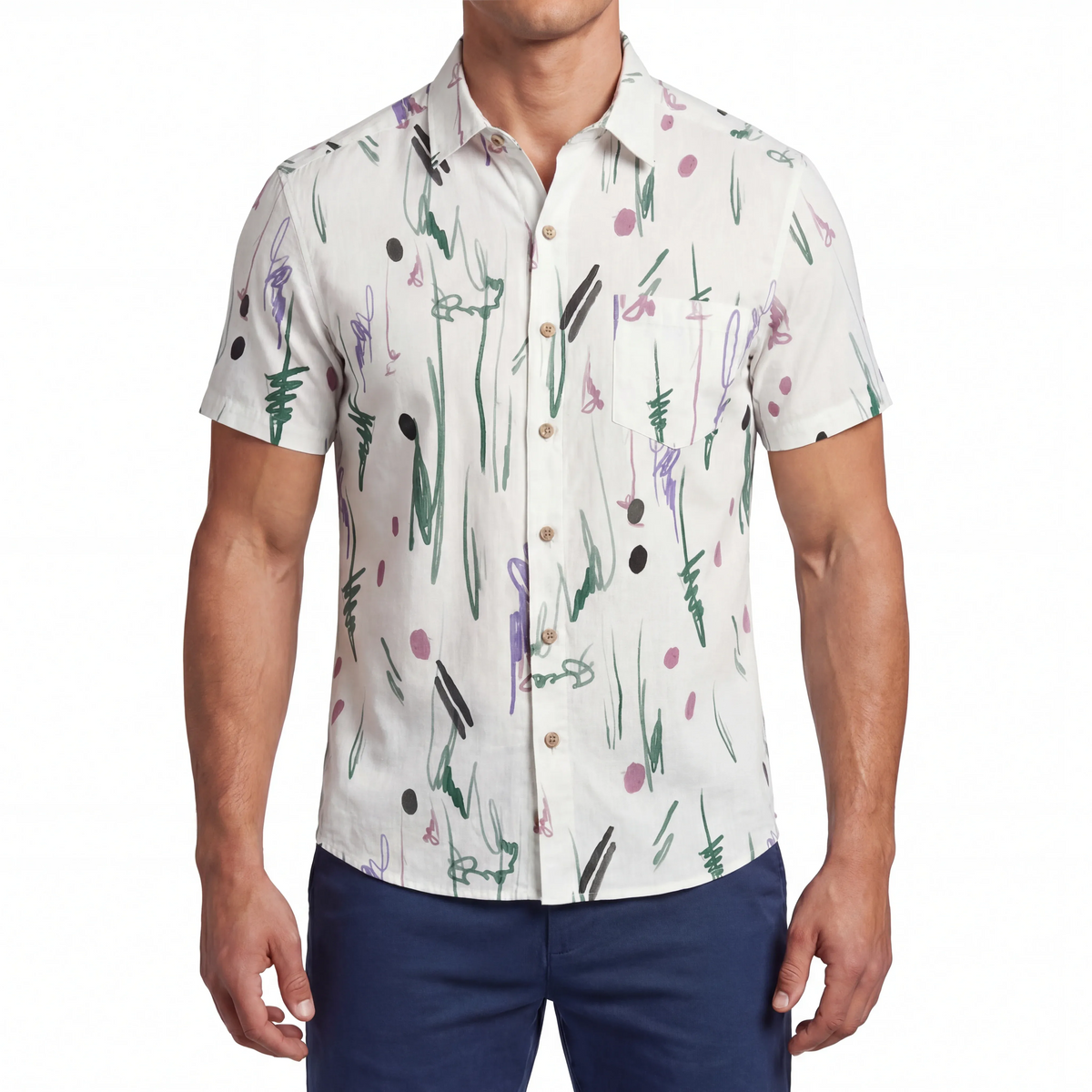 LeosWare® Men's Hawaiian Shirt Short Sleeve Button-up 100% Cotton Green Aloha Whimsical Traces By Patch