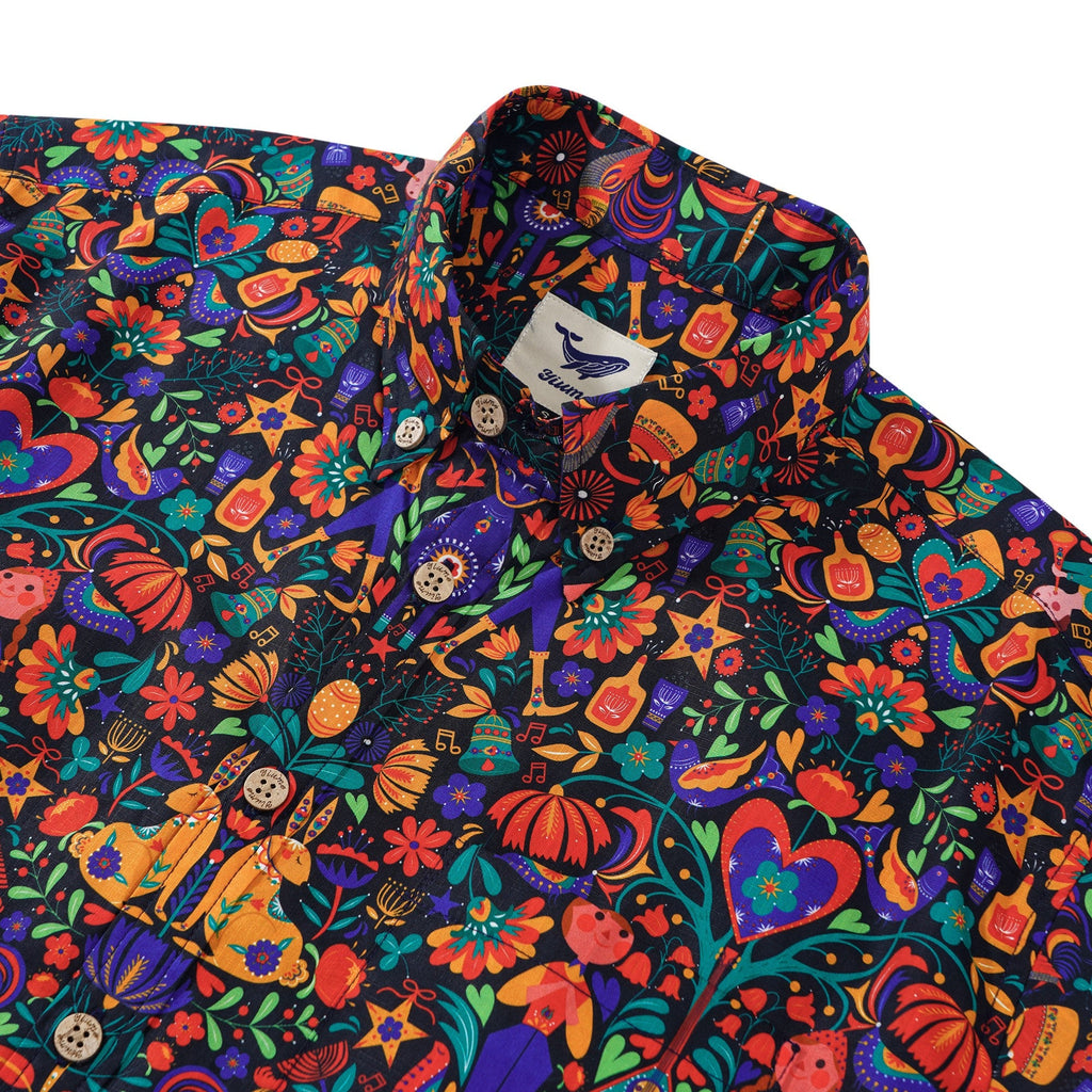 Men's Hawaiian Shirt Short Sleeve Button-down 100% Cotton Black Aloha Scandinavian Folk Party By Pallavi Chaudhary