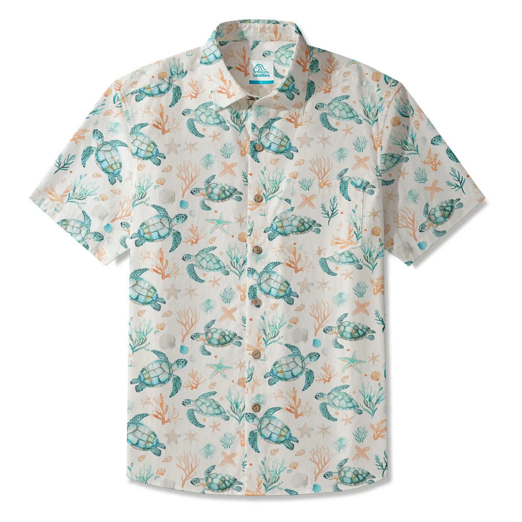LeosWare® Men's Hawaiian Shirt Short Sleeve Button-up 100% Cotton Blue Aloha Coral Wonderland Of The Sea Turtle By Ann