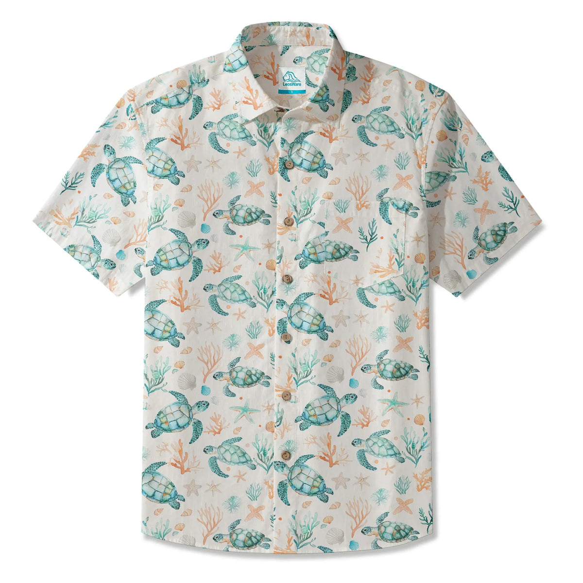 LeosWare® Men's Hawaiian Shirt Short Sleeve Button-up 100% Cotton Blue Aloha Coral Wonderland Of The Sea Turtle By Ann