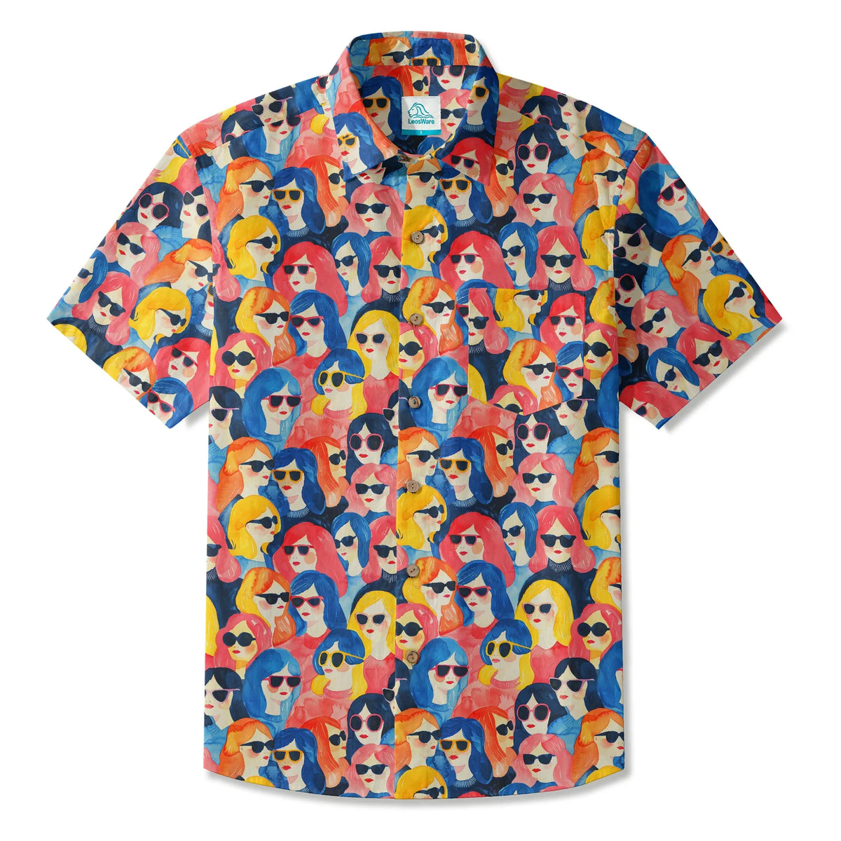 LeosWare® Men's Hawaiian Shirt Short Sleeve Button-up 100% Cotton Aloha Sunglasses Girl Party By Ann