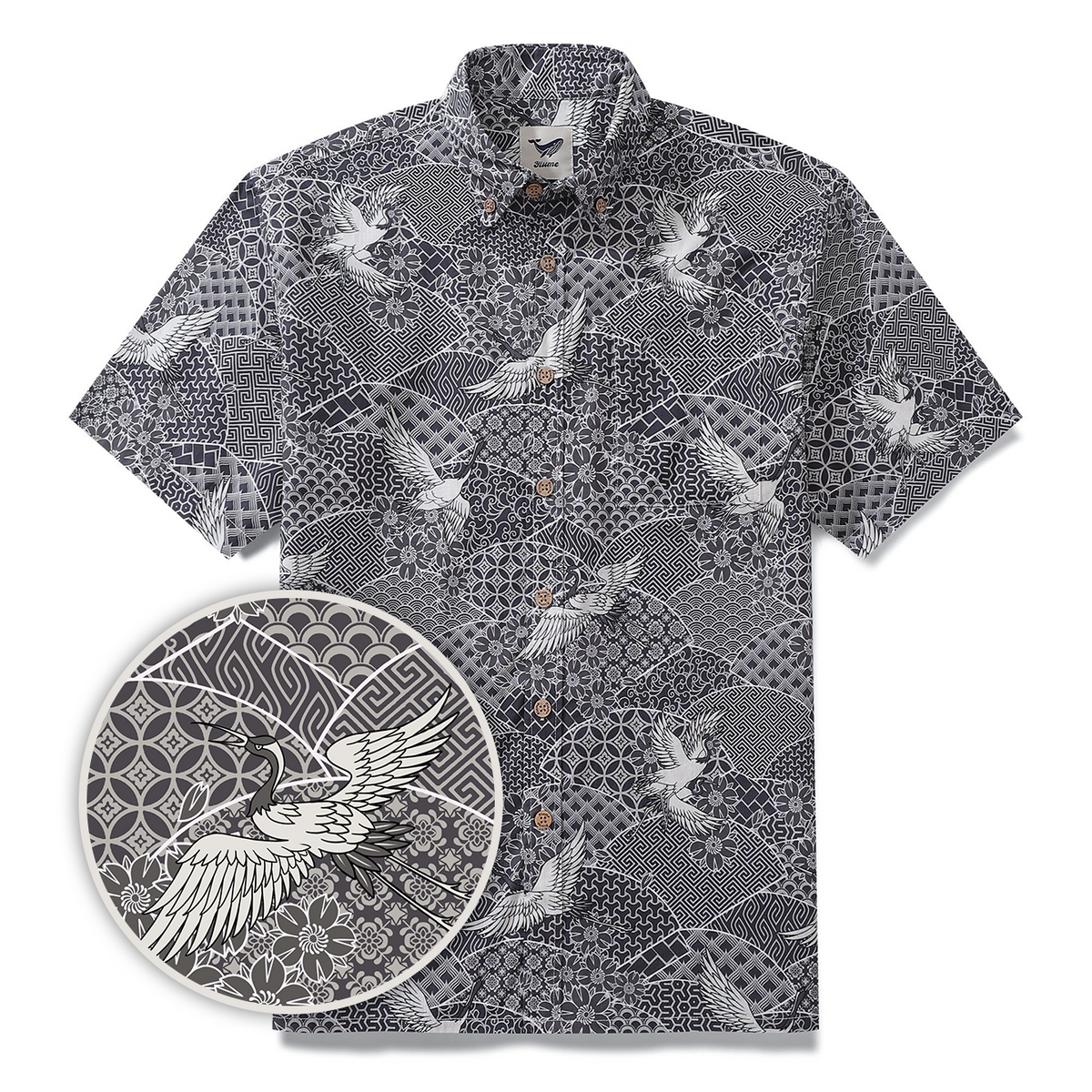 Gray Crane Shirt For Men Cotton Hawaiian Shirt Fun Aloha Shirt Button-down Short Sleeve Shirt Soaring Crane Auspicious By Sun
