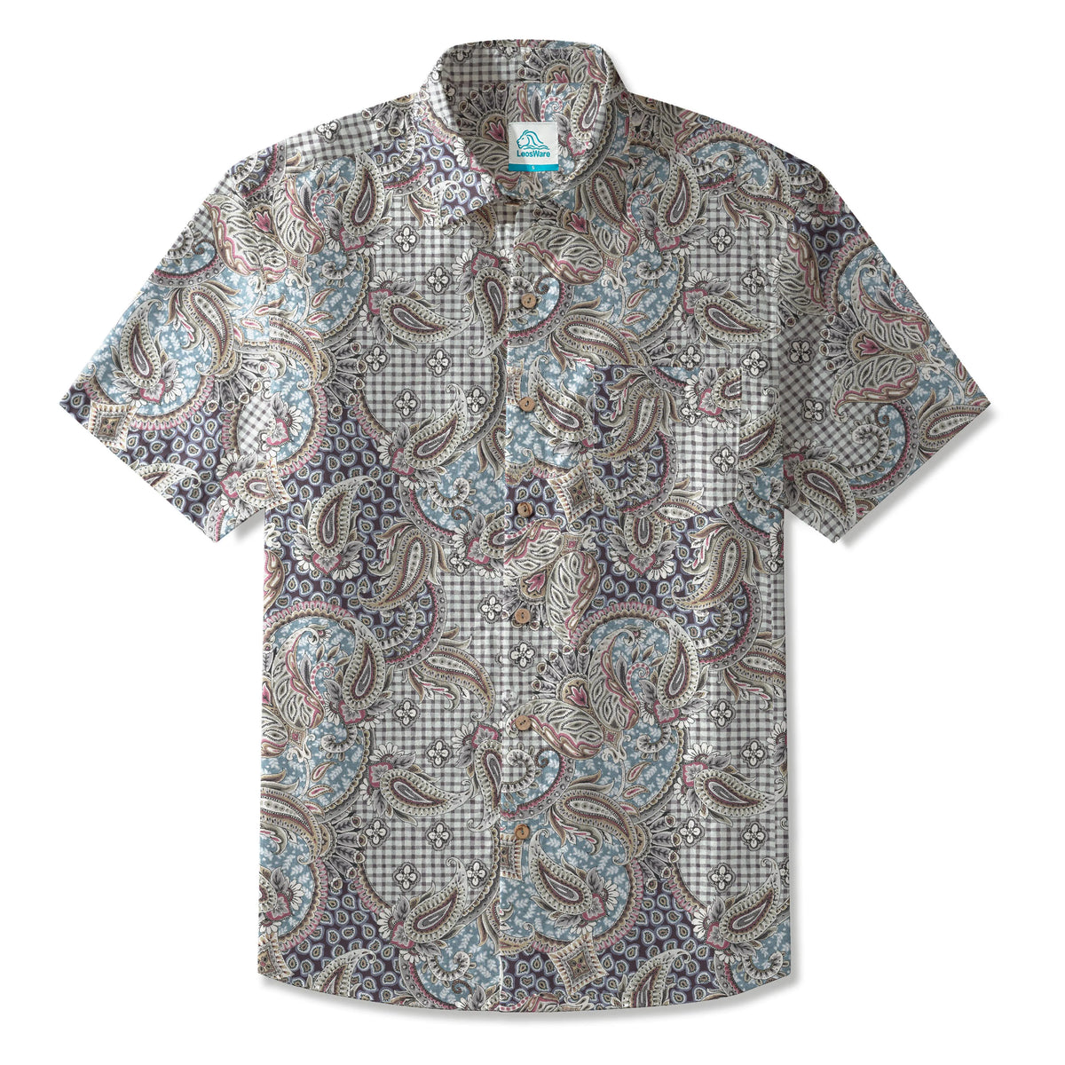 LeosWare® Men's Hawaiian Shirt Short Sleeve Button-up 100% Cotton Blue Aloha Elegant Retro Paisley By Huan huan
