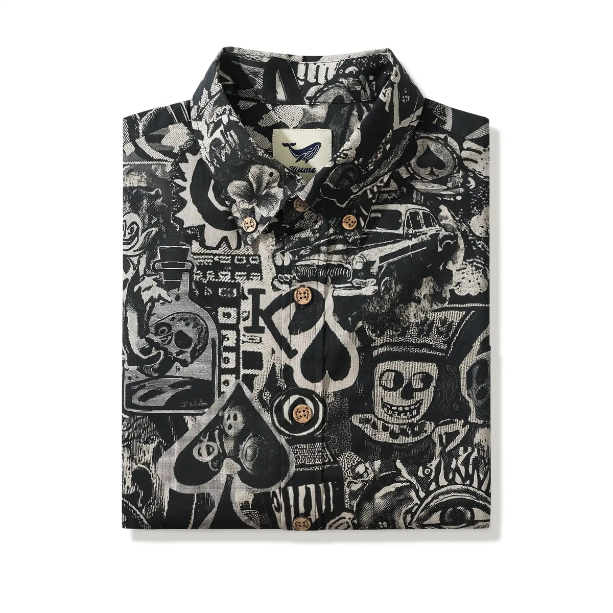 Men's Hawaiian Shirt Short Sleeve Button-down 100% Cotton Black Aloha Dark Poker Graffiti By Mo