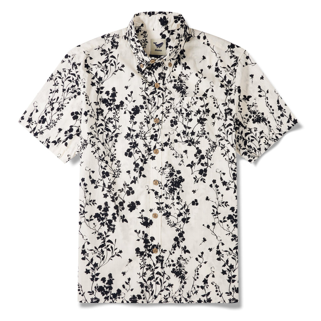 Men's Hawaiian Shirt Short Sleeve Button-down 100% Cotton Beige Aloha Ink Vine Whisper By Sylvia