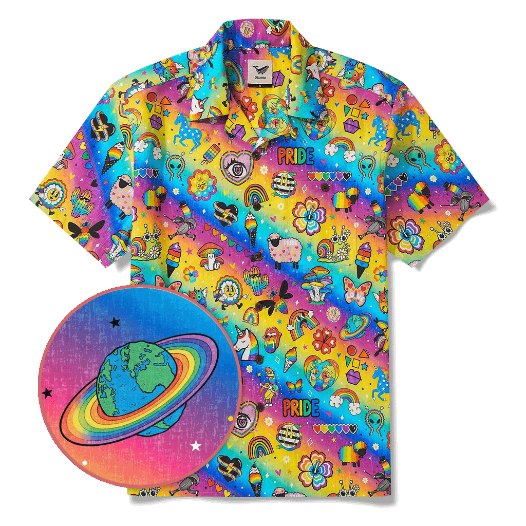 Men's Hawaiian Shirt Short Sleeve Camp Collar 100% Cotton Aloha Rainbow Pride Delight By Cigar