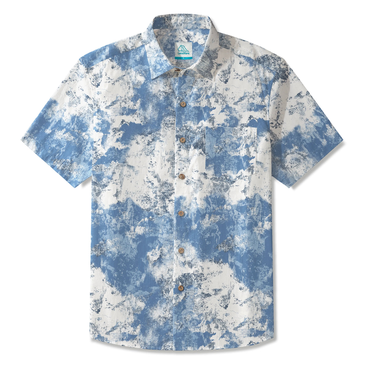 LeosWare® Men's Hawaiian Shirt Short Sleeve Button-up 100% Cotton Blue Aloha Blue And White Abstract Dream By Patch