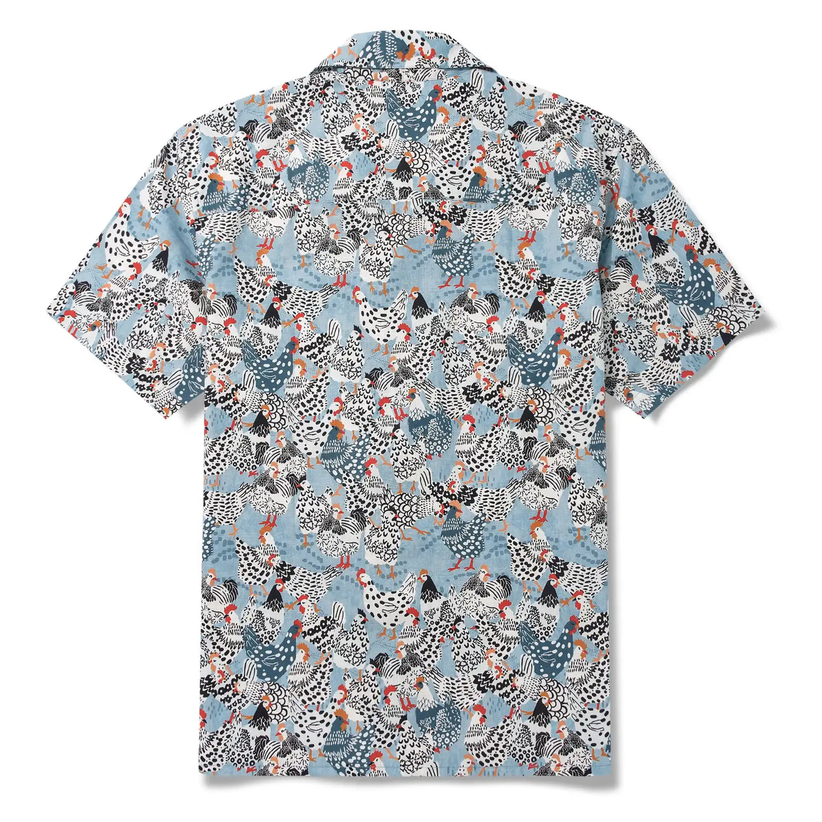 Men's Hawaiian Shirt Short Sleeve Camp Collar 100% Cotton Blue Aloha Clucking Chicken Friends By Annick