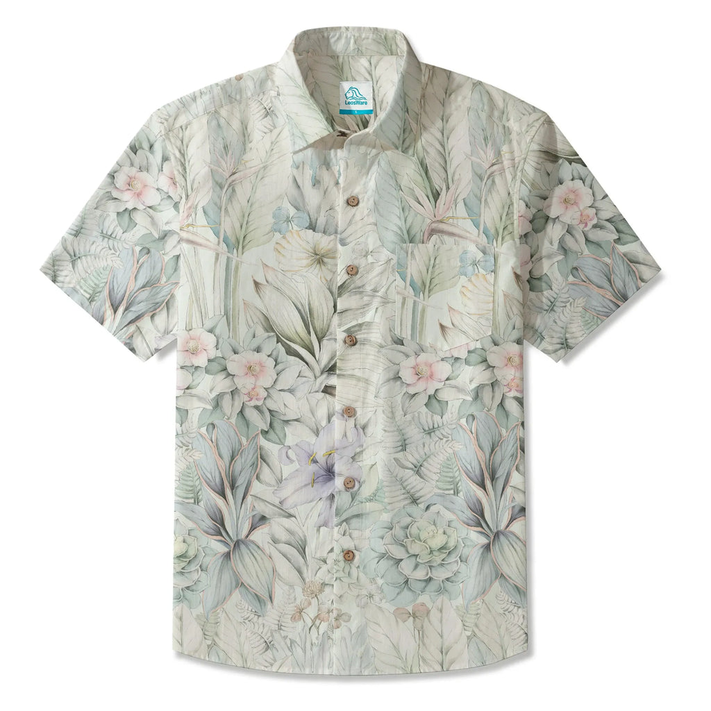 LeosWare® Men's Hawaiian Shirt Short Sleeve Button-up 100% Cotton Green Aloha Dreams Of Tranquil Plants By Huan huan