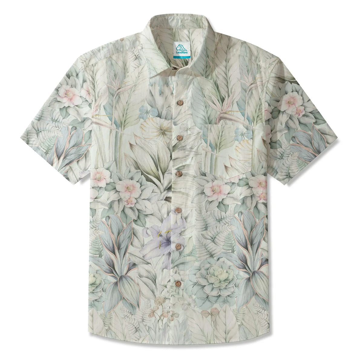 LeosWare® Men's Hawaiian Shirt Short Sleeve Button-up 100% Cotton Green Aloha Dreams Of Tranquil Plants By Huan huan