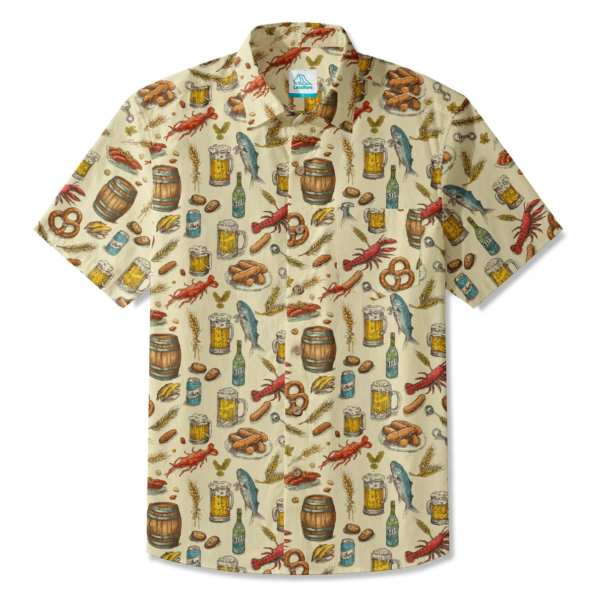 LeosWare® Men's Hawaiian Shirt Short Sleeve Button-up 100% Cotton Beige Aloha Taste Of The Beer Festival By Ann
