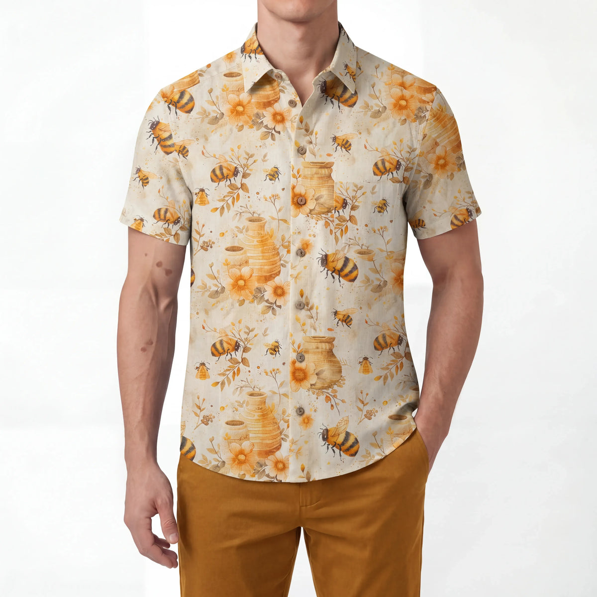 LeosWare® Men's Hawaiian Shirt Short Sleeve Button-up 100% Cotton Yellow Aloha Autumn Harvest In The Honey Garden Bee By Ann