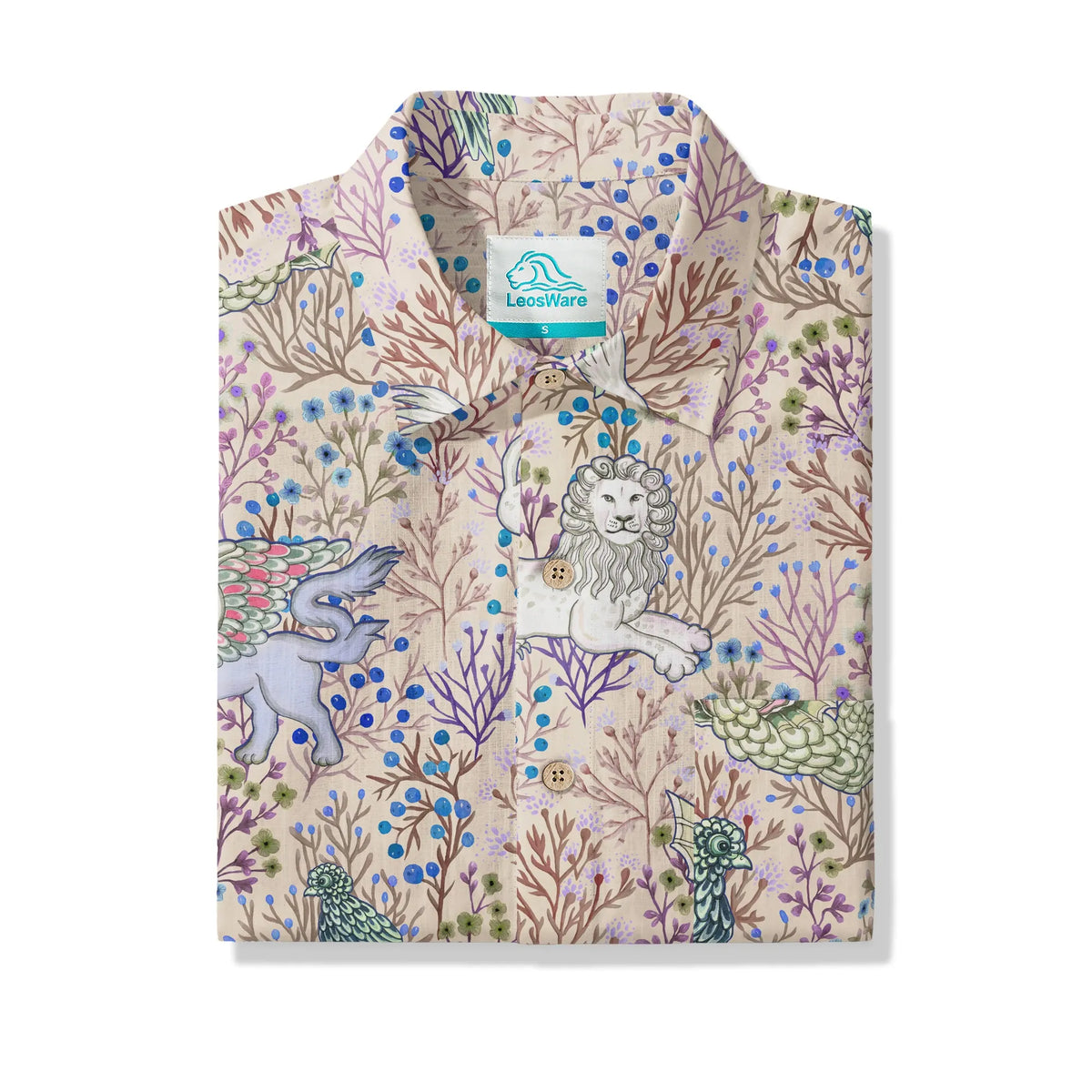LeosWare® Men's Hawaiian Shirt Short Sleeve Button-up 100% Cotton Brown Aloha Mythical Creatures And Floral Fantasia By Huan huan
