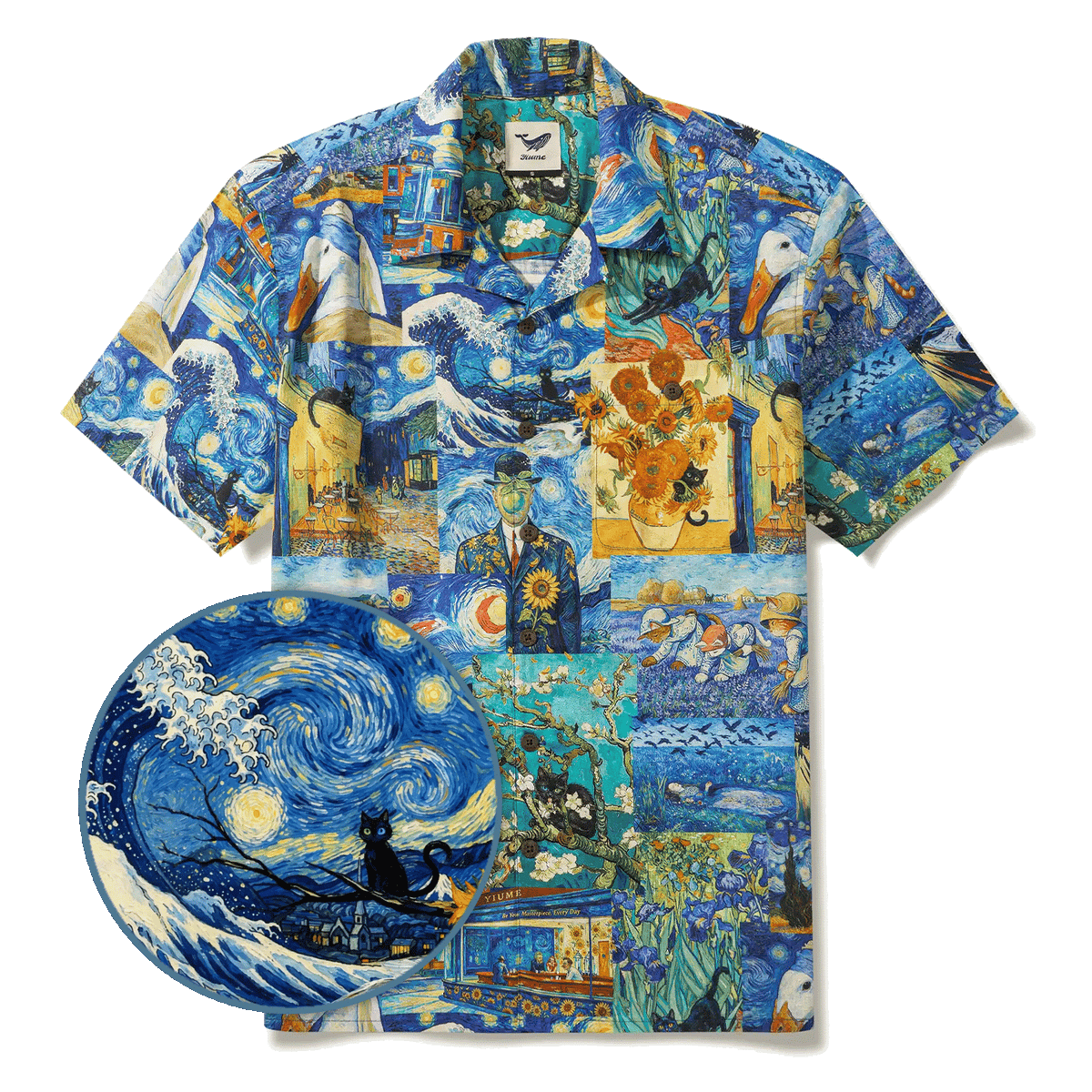 Men's Hawaiian Shirt Short Sleeve Camp Collar 100% Cotton Blue Aloha Starry Night Cat Fantasy By Mo