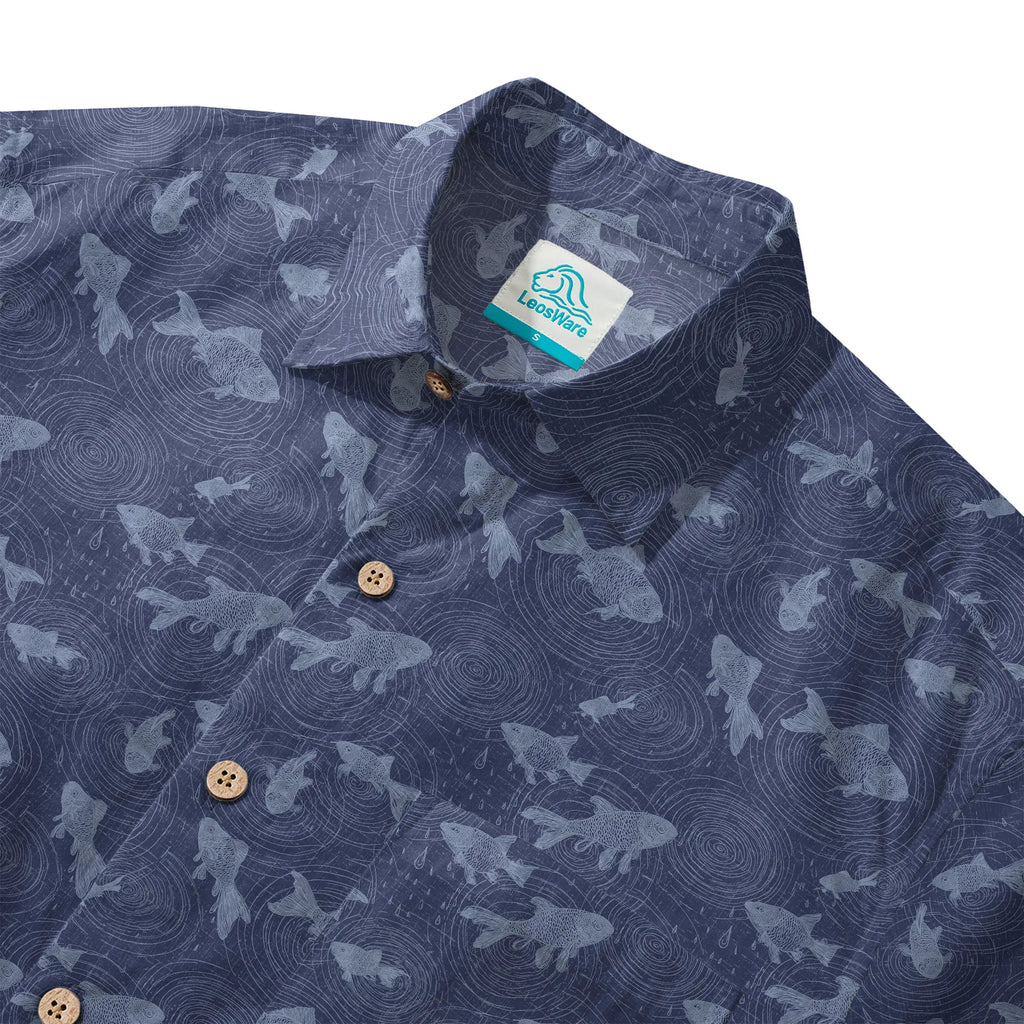 LeosWare® Men's Hawaiian Shirt Short Sleeve Button-up 100% Cotton Blue Aloha Rain Falls On The Koi Pond By Ann