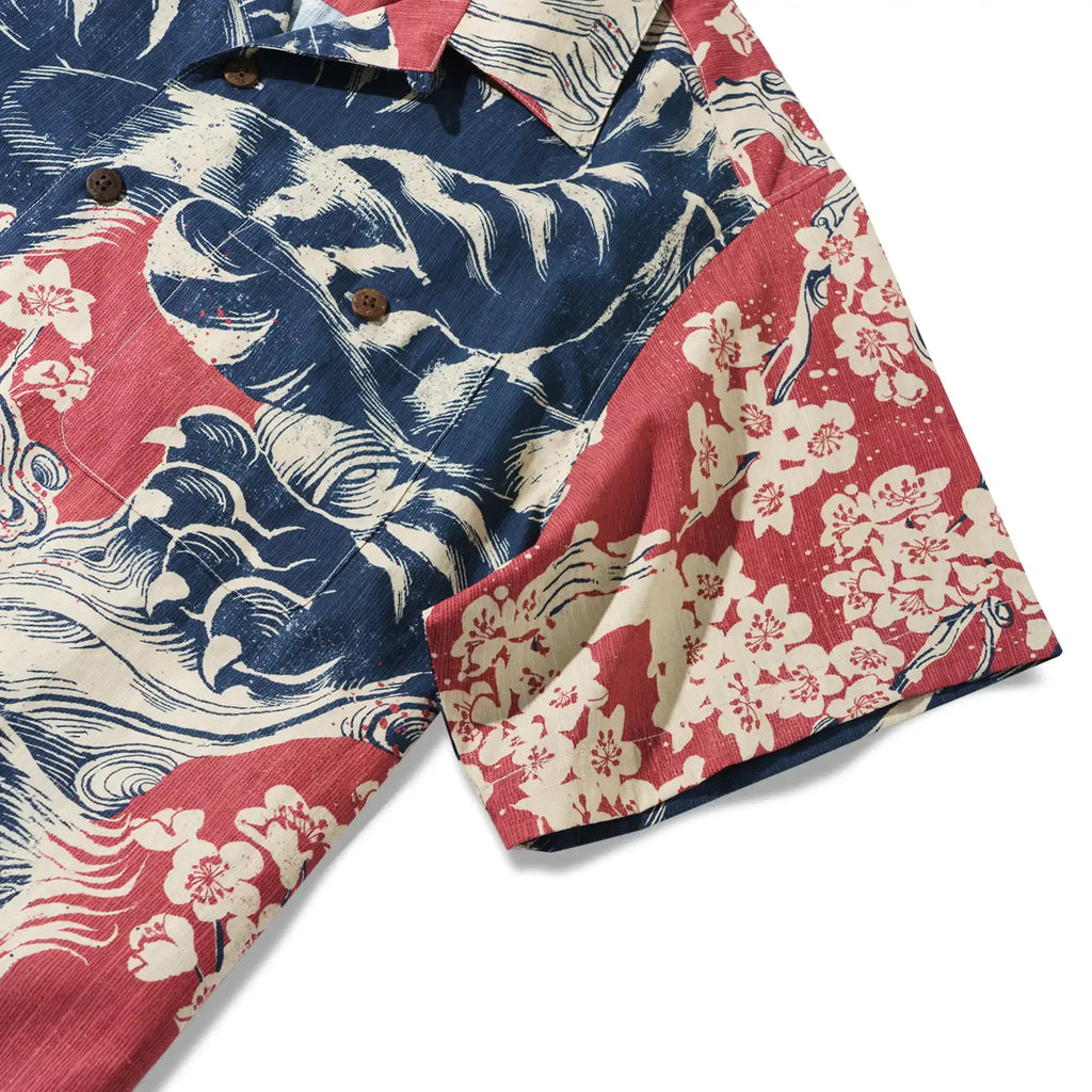 Men's Hawaiian Shirt Short Sleeve Camp Collar 100% Cotton Red Aloha Crimson Sakura Roar By The Happy Hoopoe
