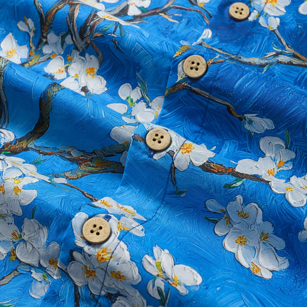 LeosWare® Men's Hawaiian Shirt Short Sleeve Button-up 100% Cotton Blue Aloha White Above Deep Blue By Huan huan