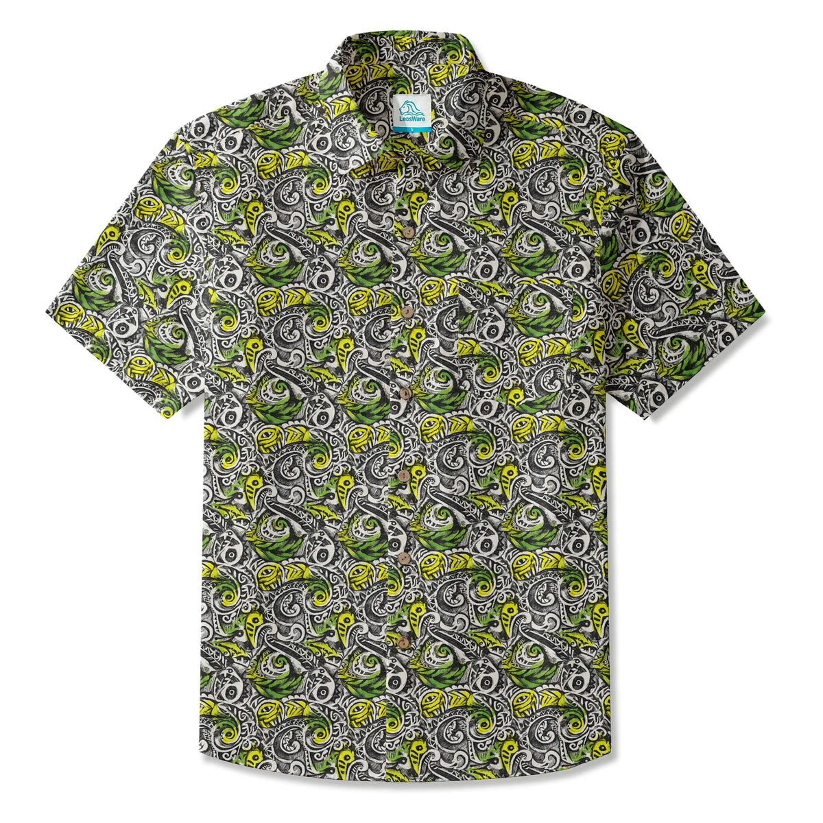LeosWare® Men's Hawaiian Shirt Short Sleeve Button-up 100% Cotton Black Aloha Polynesian Totem By Ann