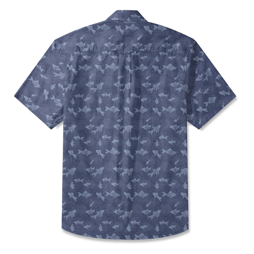 LeosWare® Men's Hawaiian Shirt Short Sleeve Button-up 100% Cotton Blue Aloha Rain Falls On The Koi Pond By Ann