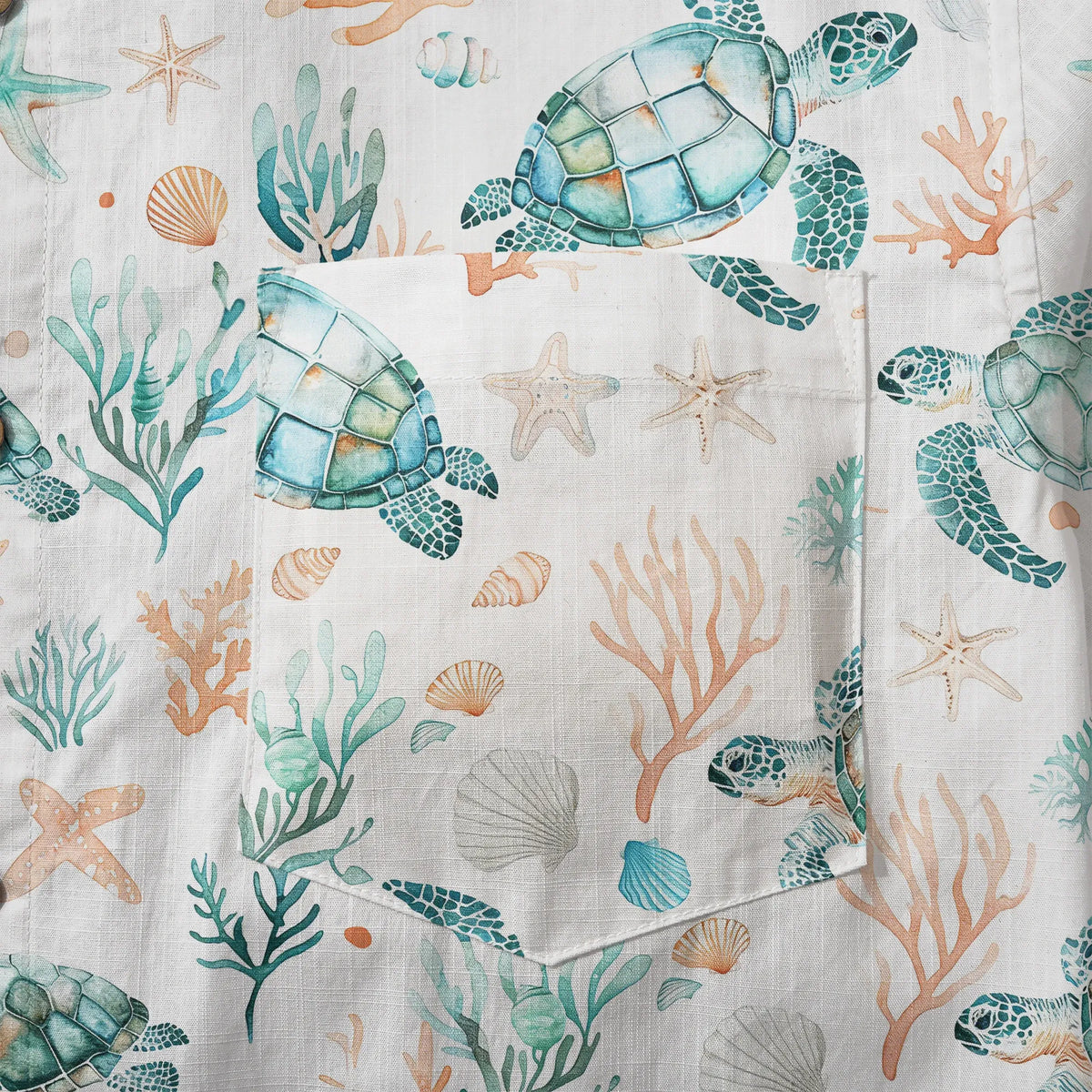 LeosWare® Men's Hawaiian Shirt Short Sleeve Button-up 100% Cotton Blue Aloha Coral Wonderland Of The Sea Turtle By Ann