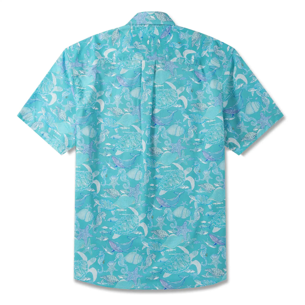 LeosWare® Men's Hawaiian Shirt Short Sleeve Button-up 100% Cotton Blue Aloha Azure Islet Sea Turtle By Ann