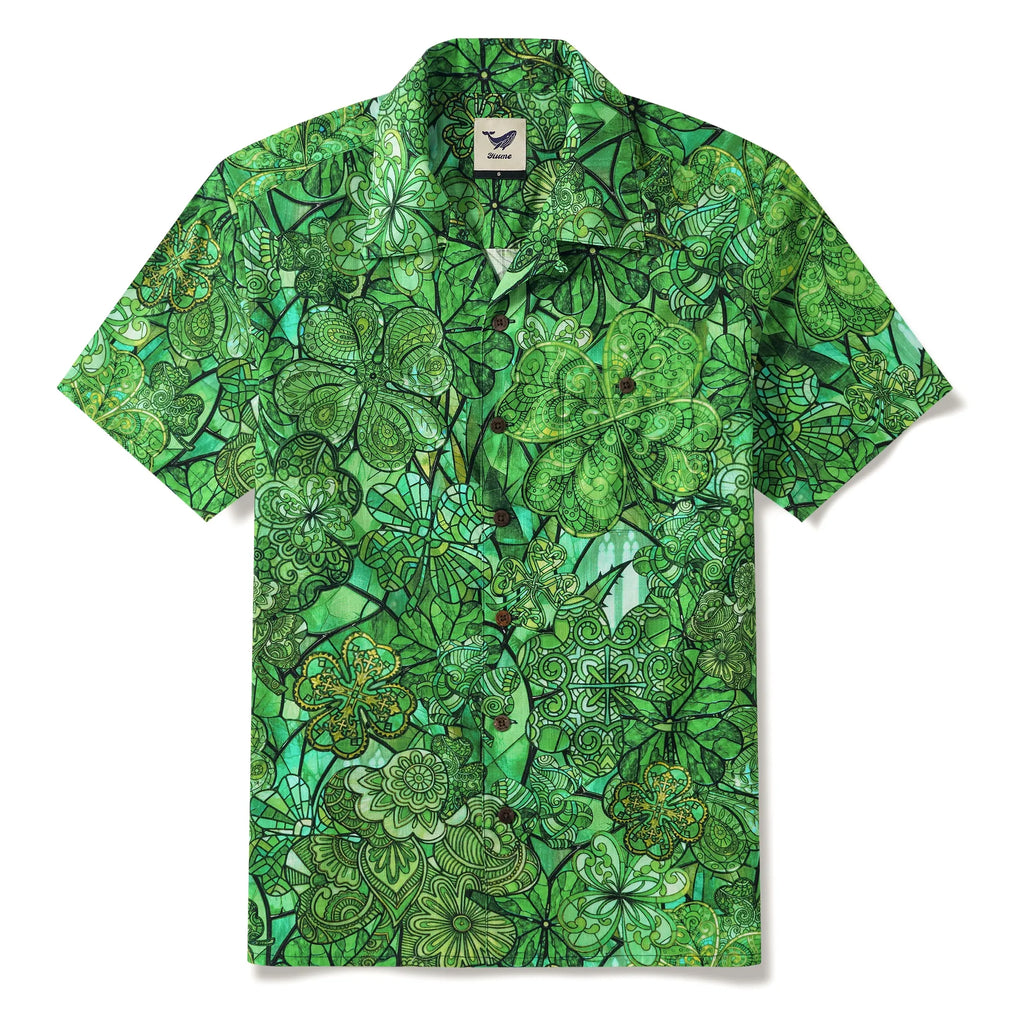 St. Patrick's Day Gift Men's Hawaiian Shirt Short Sleeve Camp Collar 100% Cotton Green Aloha Green Glass Lucky Four-leaf Clover By Mo