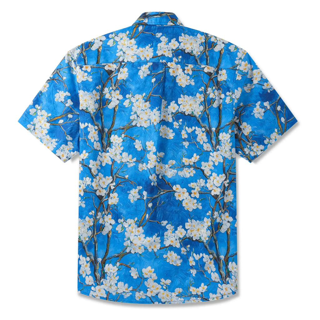 LeosWare® Men's Hawaiian Shirt Short Sleeve Button-up 100% Cotton Blue Aloha White Above Deep Blue By Huan huan