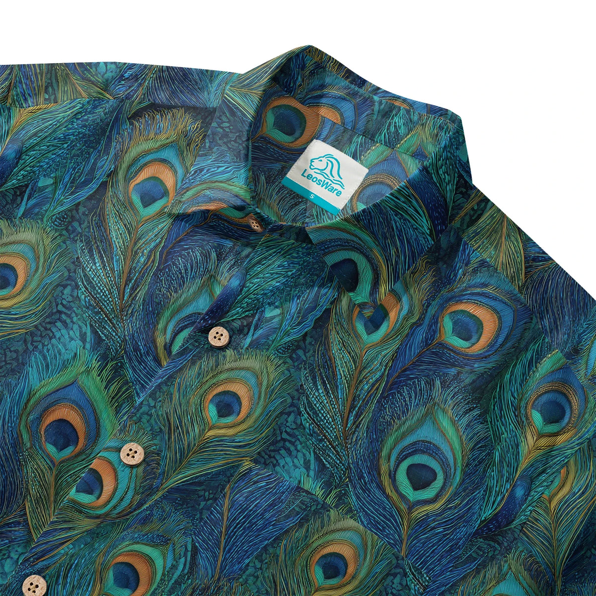 LeosWare® Peacock Men's Hawaiian Shirt Short Sleeve Button-up 100% Cotton Blue Aloha Indigo Feathered Elegance By Ann